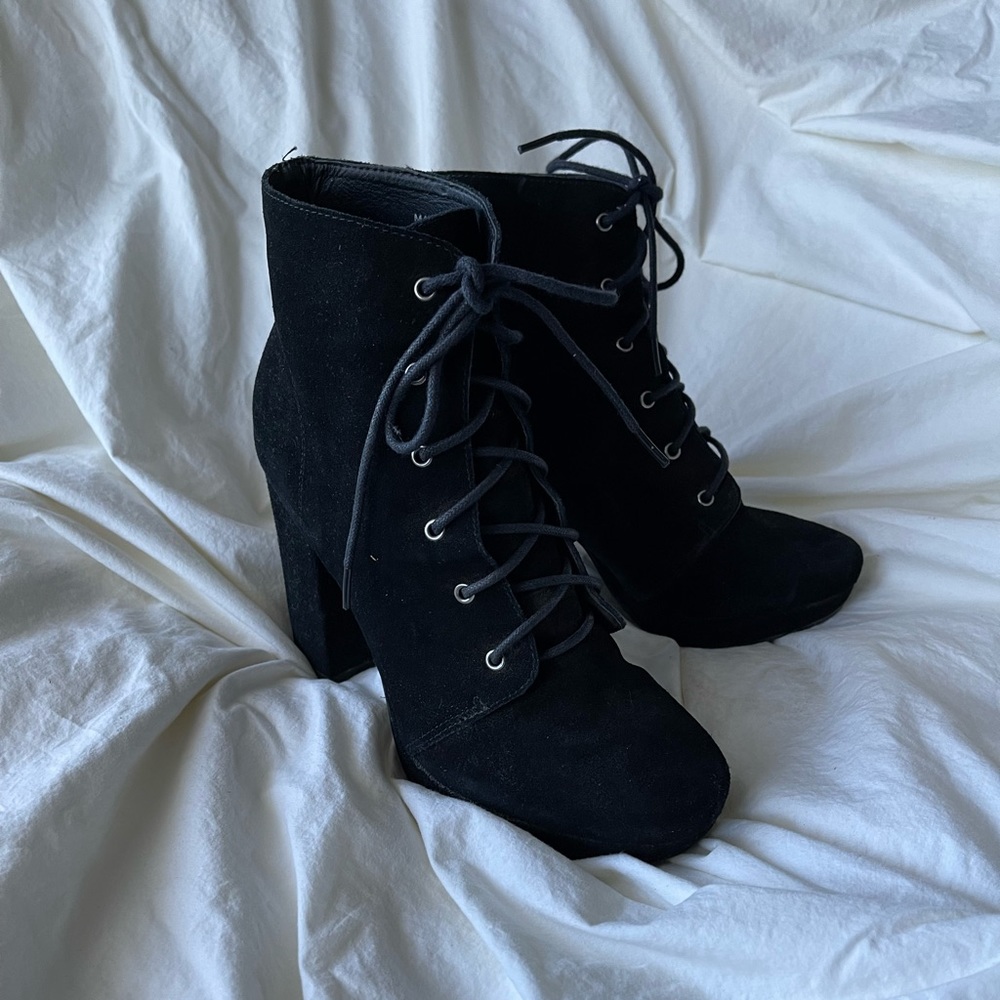 Kimchi Blue Black Suede Lace Up Platform Booties